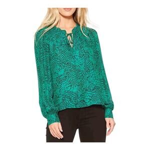 Parker Silk Aussie Jungle Print Long Sleeve Blouse Small Green Tie Neck Bishop